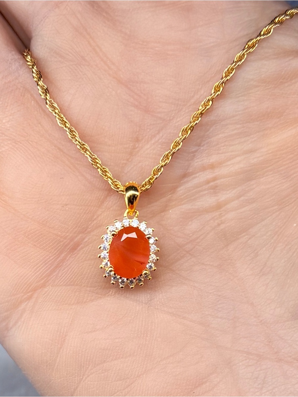 Exquisite Natural Orange Carnelian 1.55CT w/ Zircon Halo Pendant Necklace 18K GP